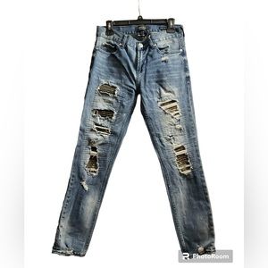 Men’s PACSUN Skinny Comfort Stretch Faded Distressed Jeans w/Camouflage Patches.